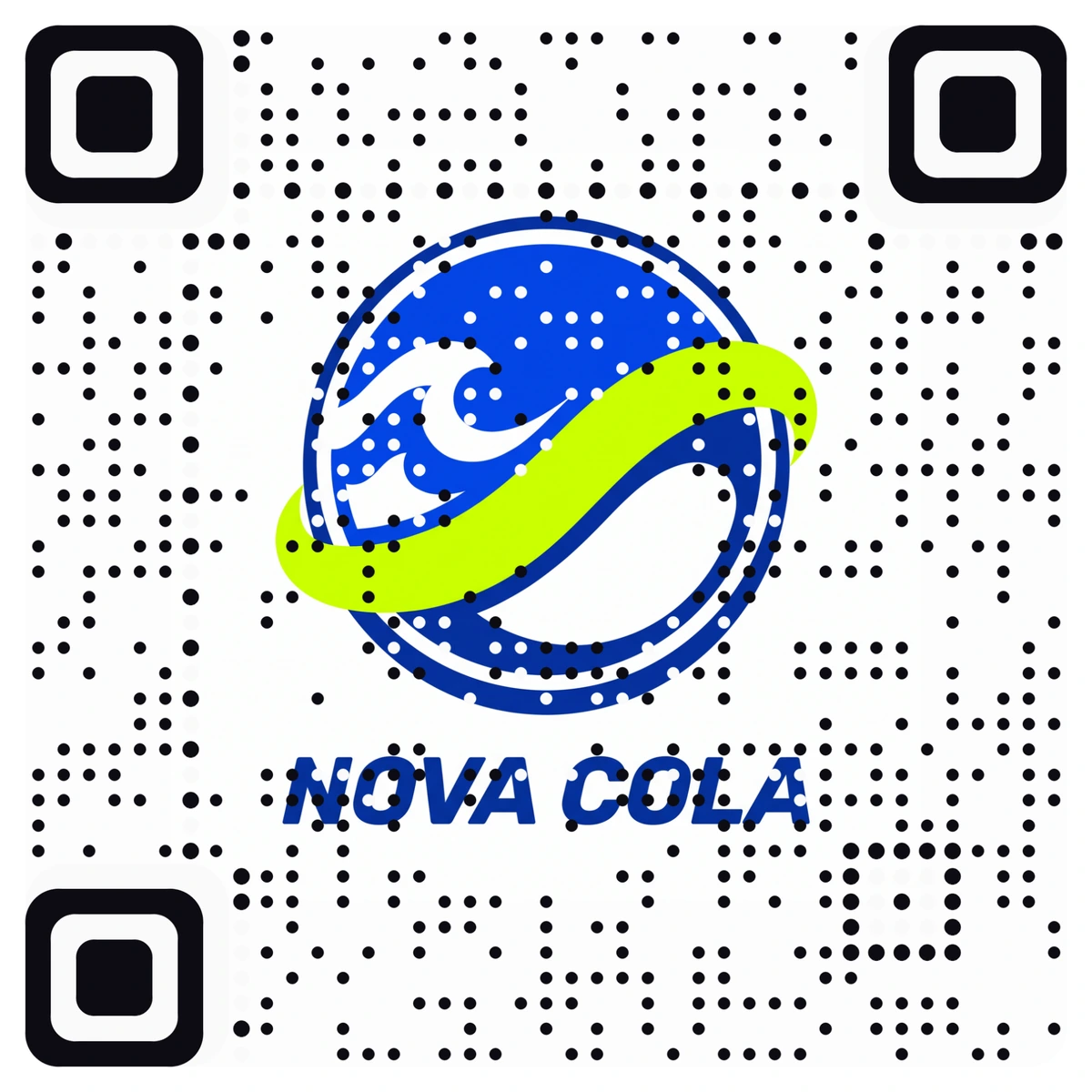 A real AriaQR code made from the Nova Cola logo, a blue and lime wave in a circle