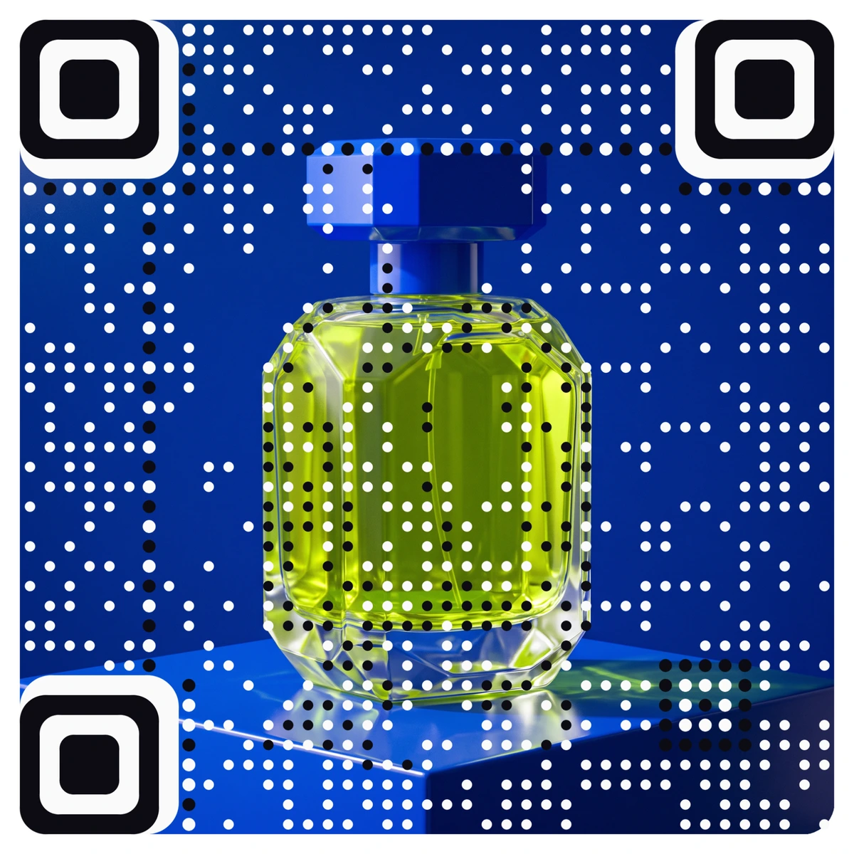 A real AriaQR code made from a photo of a perfume bottle on blue