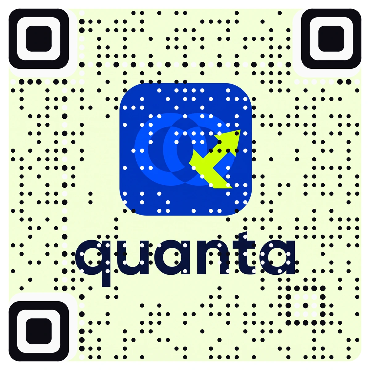 A real AriaQR code made from the Quanta logo, a blue app-style icon above a navy wordmark
