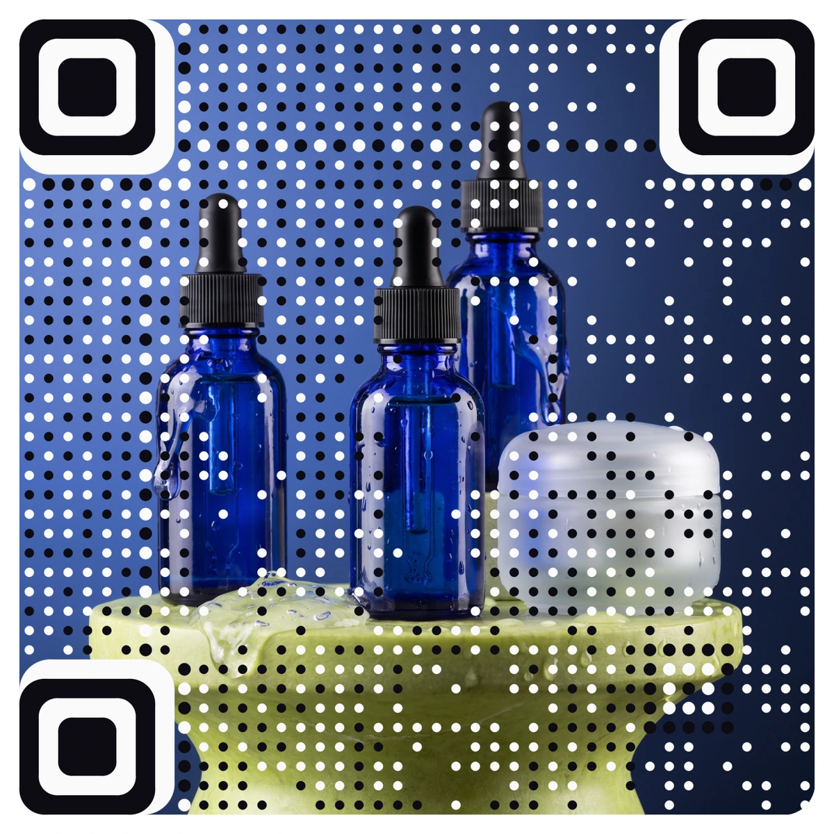 A real AriaQR code made from a photo of blue skincare serum bottles on a lime stand