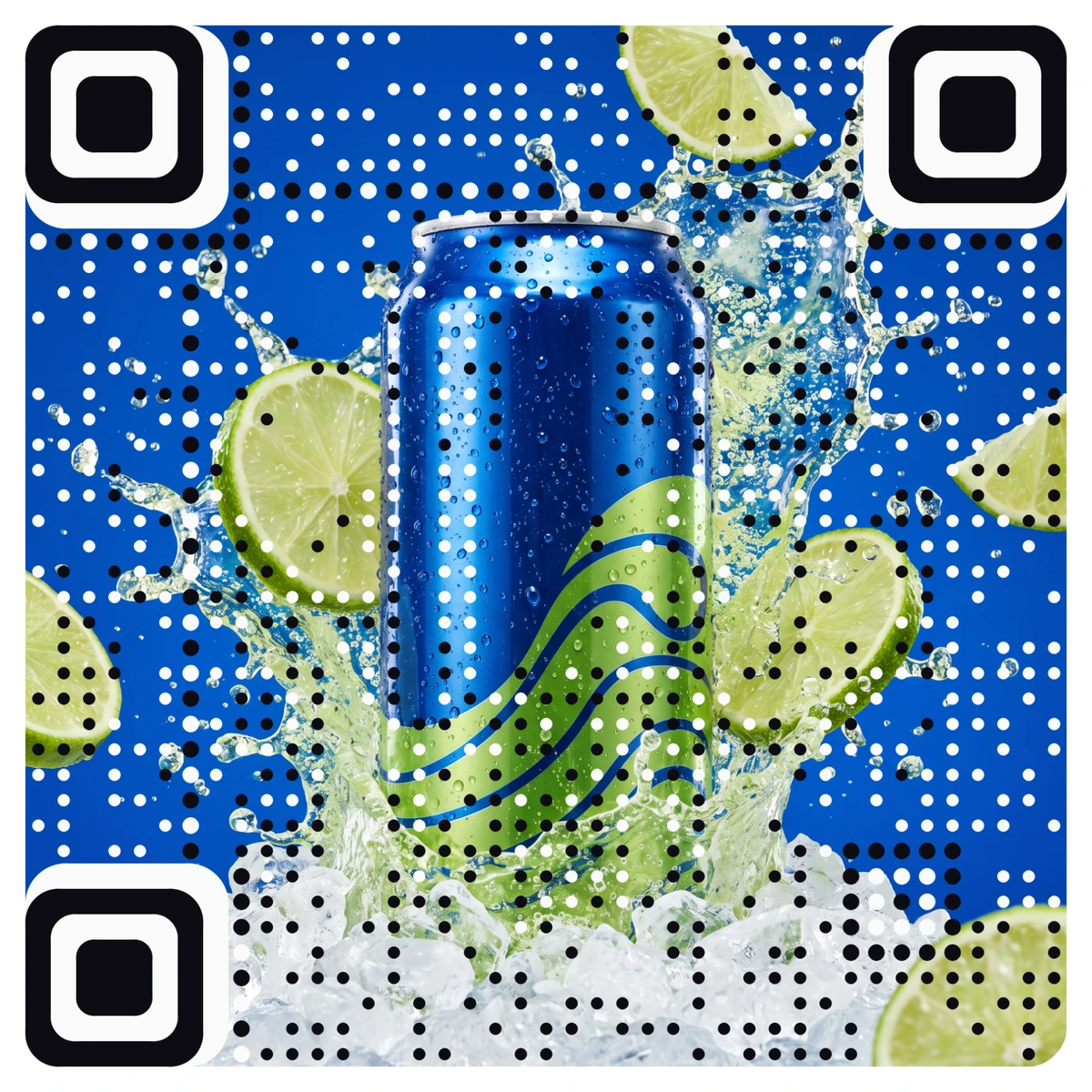 A picture QR code made from a photo of a blue drinks can splashing through water and lime slices