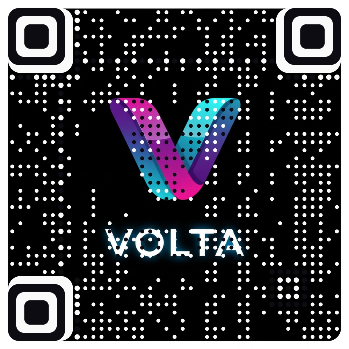 A real AriaQR code made from the Volta logo, a glowing gradient V on black