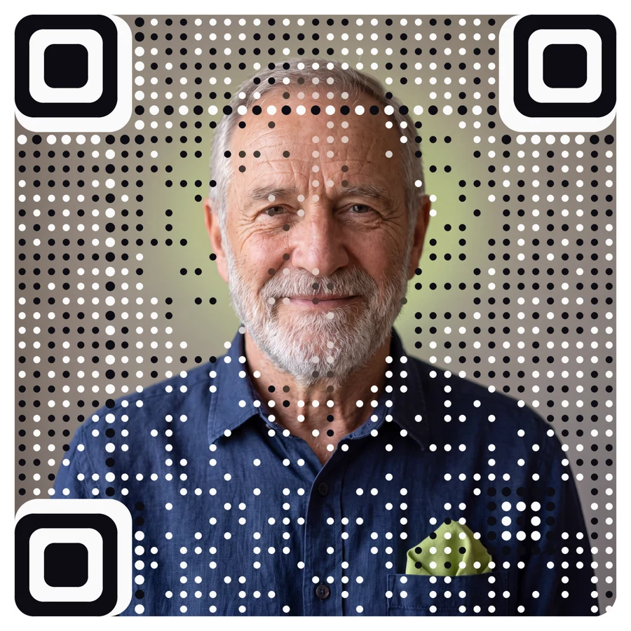 Scan it with your phone camera: a real AriaQR code A real AriaQR code made from a portrait of a smiling older man with a white beard
