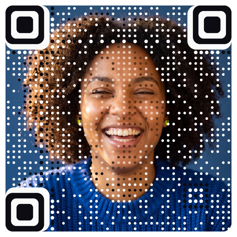 A real AriaQR code made from a portrait of a smiling woman with curly hair