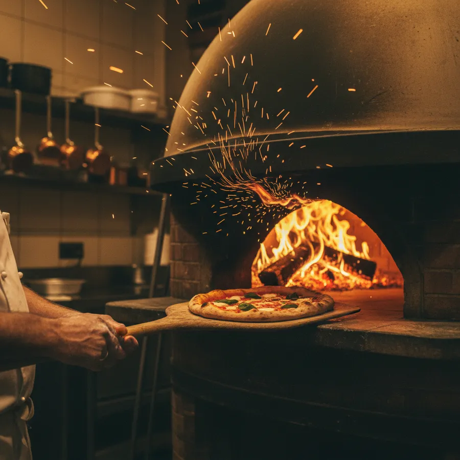 Pizza going into the oven