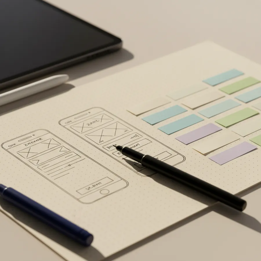 Sketches and wireframes on a desk