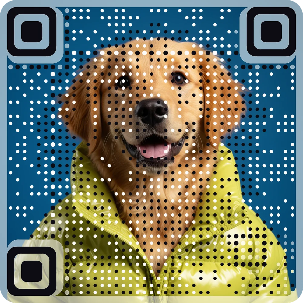 A golden retriever in a lime jacket that is also a working QR code, made with AriaQR
