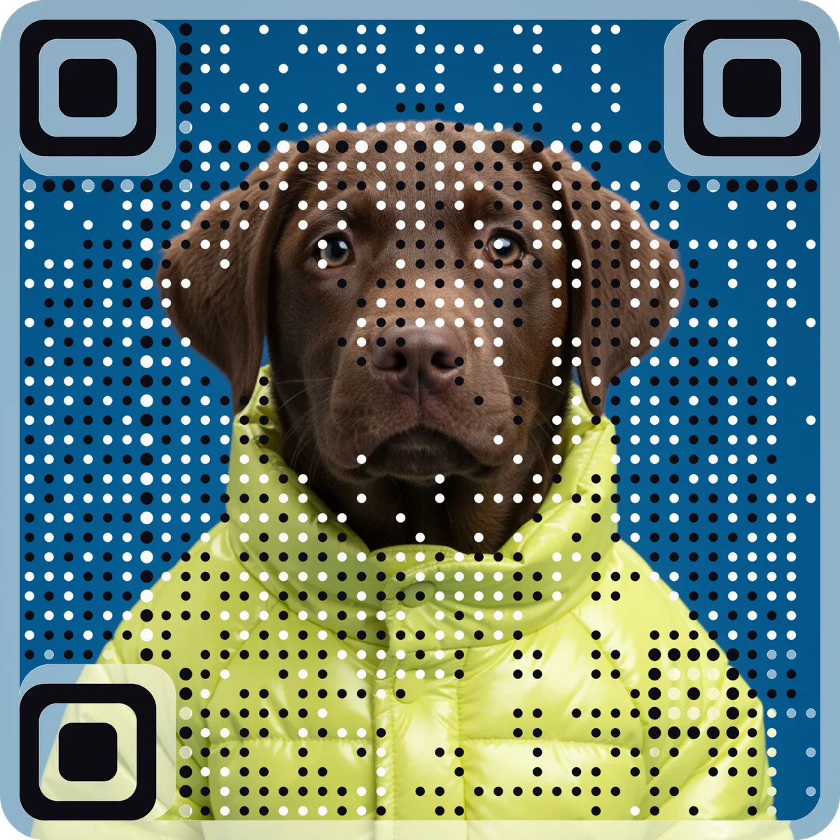 A chocolate Labrador puppy in a lime jacket that is also a working QR code, made with AriaQR