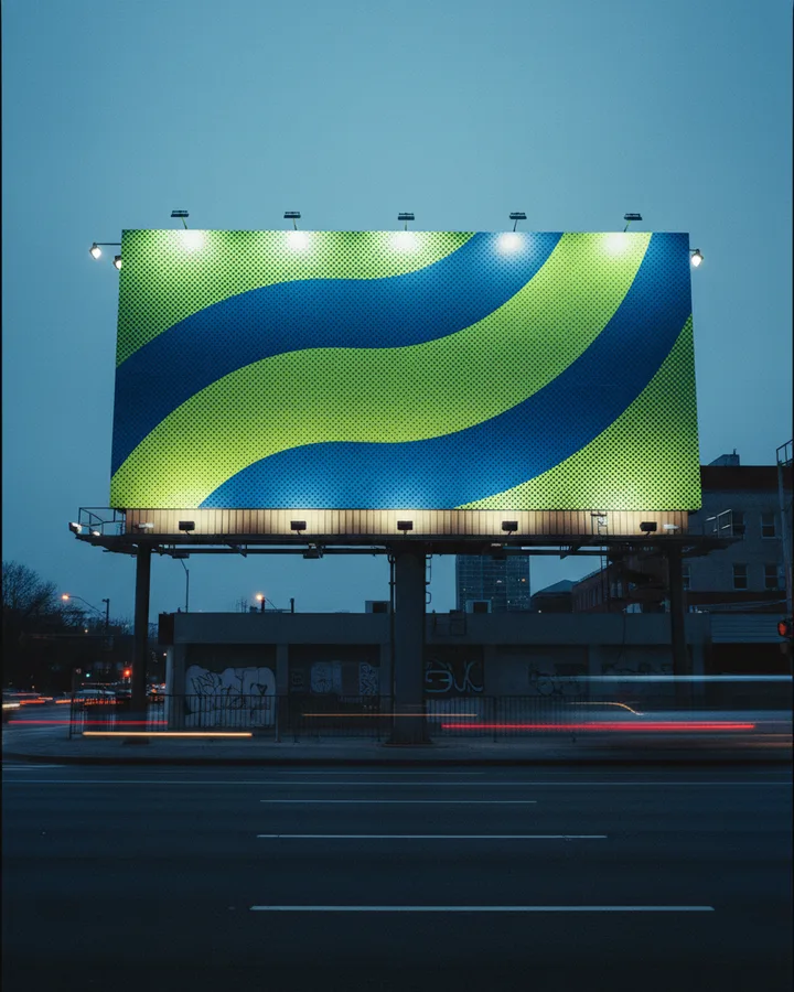 Una valla publicitaria junto a la carretera al atardecer